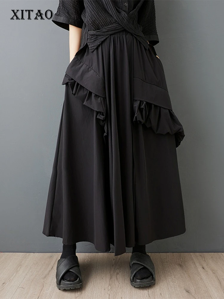 

XITAO Patchwork Edible Tree Fungus Skirts Pocket Solid Color Elastic Waist A-line Loose Temperament Woman Skirts ZMY1252
