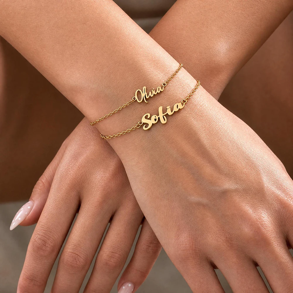 Personalized Cursive Name Bracelet Matching Necklace Set 18k Gold Plated Stainless Steel Jewelry Mother Daughter Gift Christmas