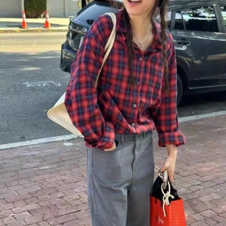 

Повседневная свободная клетчатая длинная све irt Ribbonbit с откидным воротником на одной пуговице, универсальная осенне-зимняя женская модная базовая одежда