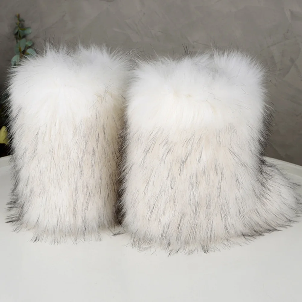 Women Furry Boots Round Toe Faux Fur Boots Warm Comfortable Snow Boots Mid-Calf Boots Winter Boots Outdoor Flat Shoes