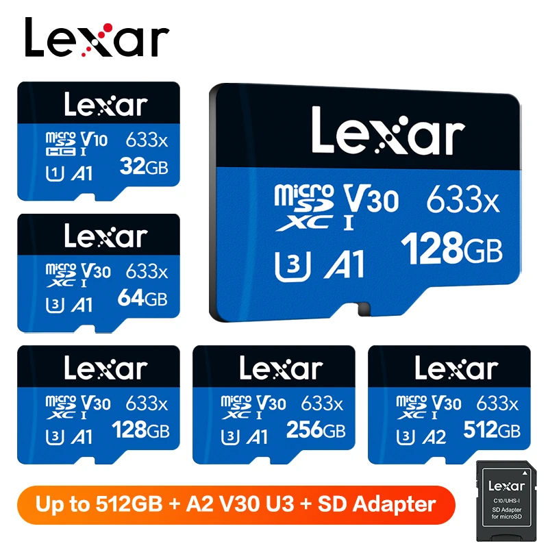 Оригинальная карта Transflash Lexar 633X 64 ГБ 128 ГБ 256 ГБ 512 ГБ V30 U3 с SD-адаптером Высокоскоростная карта microSDXC для телефона, планшета
