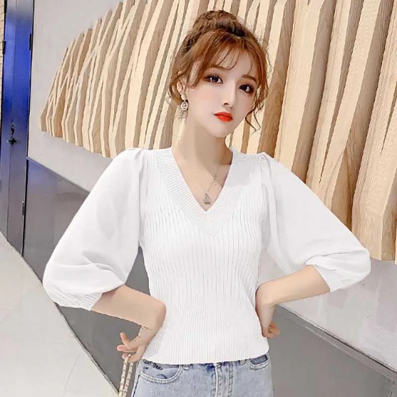 Fashion V-Neck Spliced Gauze Puff Sleeve Tee Shirt Women\'s Clothing 2024 Spring Summer New Slim Casual Tops Korean T-Shirt