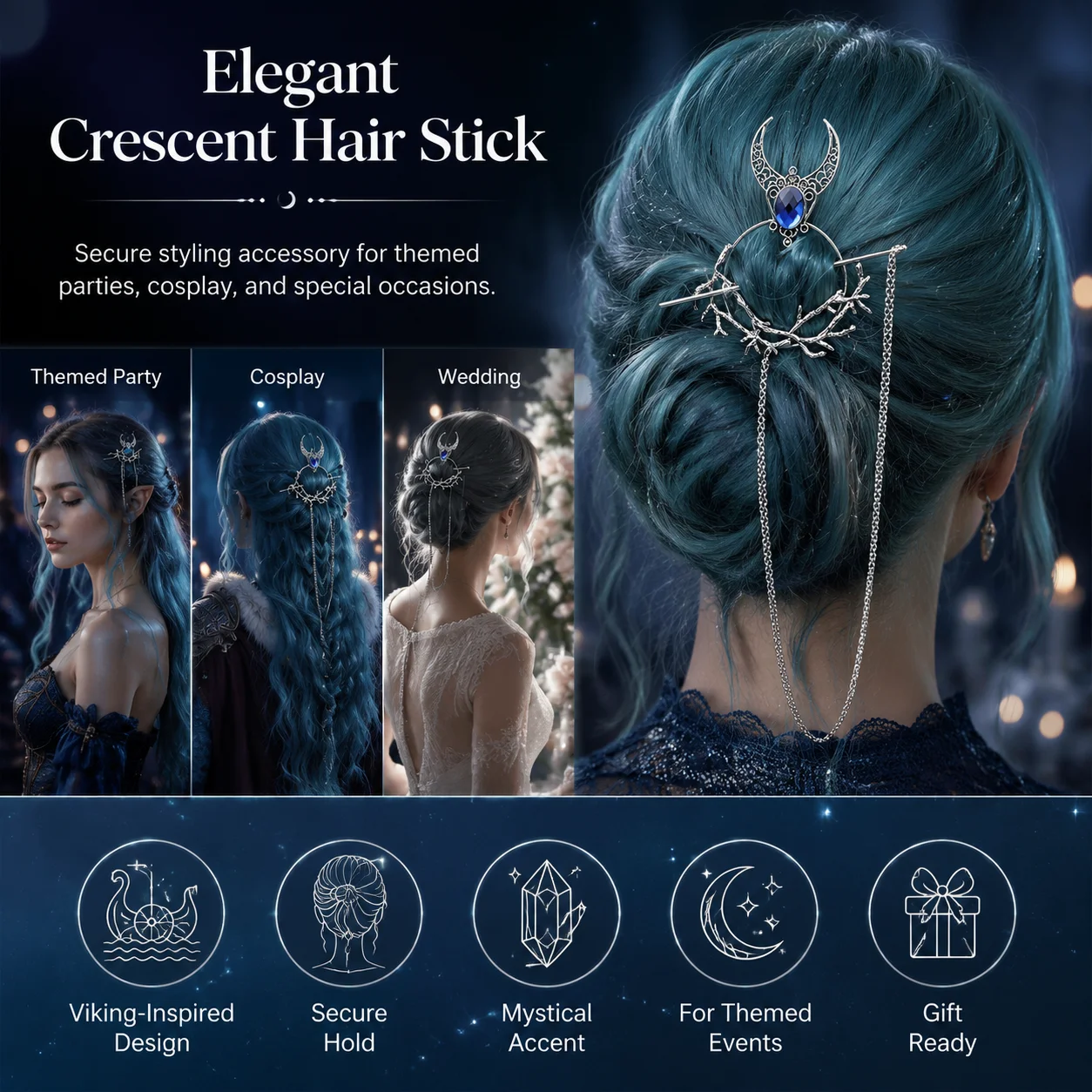 Alloy Round Hair Stick for Halloween Cosplay Women Ponytail Holder Vintage Moon Shaped Tassel Hairpin Retro Hair Accessories view 4