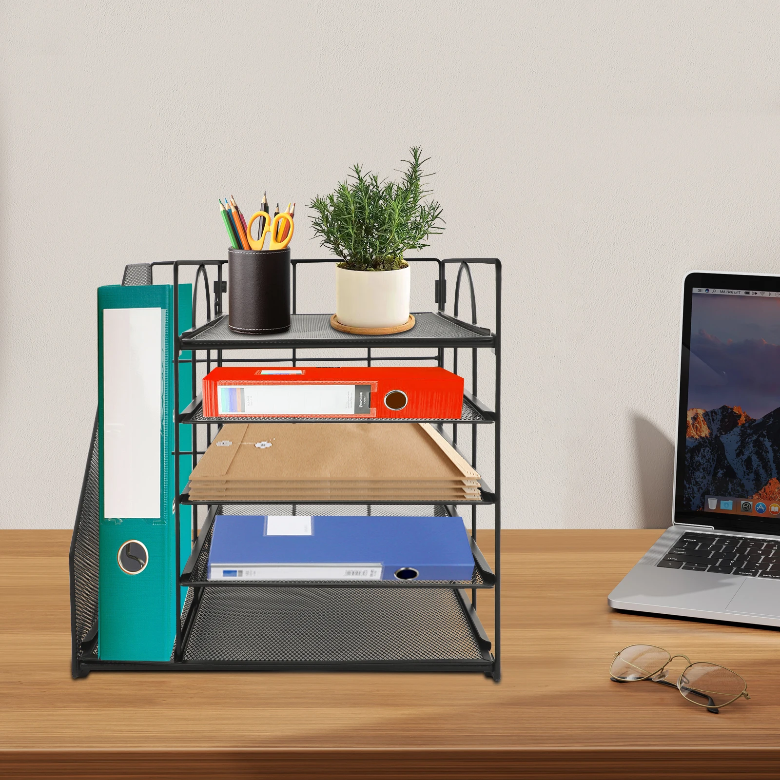 Multifunktionaler Schreibtisch-Organizer mit 5 Ebenen, Metallgitter-Papieraufbewahrungsregal, Büro- und Heim-Dokumentenhalter, Schiebefach, offenes Design, SPCC-Stahl, modernes Schreibtischregal,