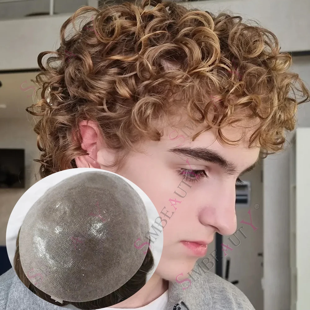 

20MM Curly Natural Hairline Brown Blonde Grey Human Hair 0.06mm Durable Ultra Thin Skin Invisible Men Toupee Capillary Prosthesi