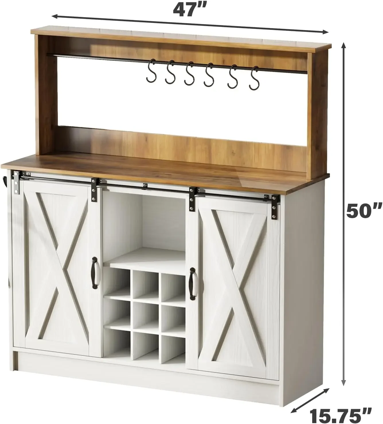 Coffee Bar Cabinet with 6 Hooks, 47'' Kitchen Coffee Bar with Hutch and 9 Wink Racks, White Coffee Bar Table