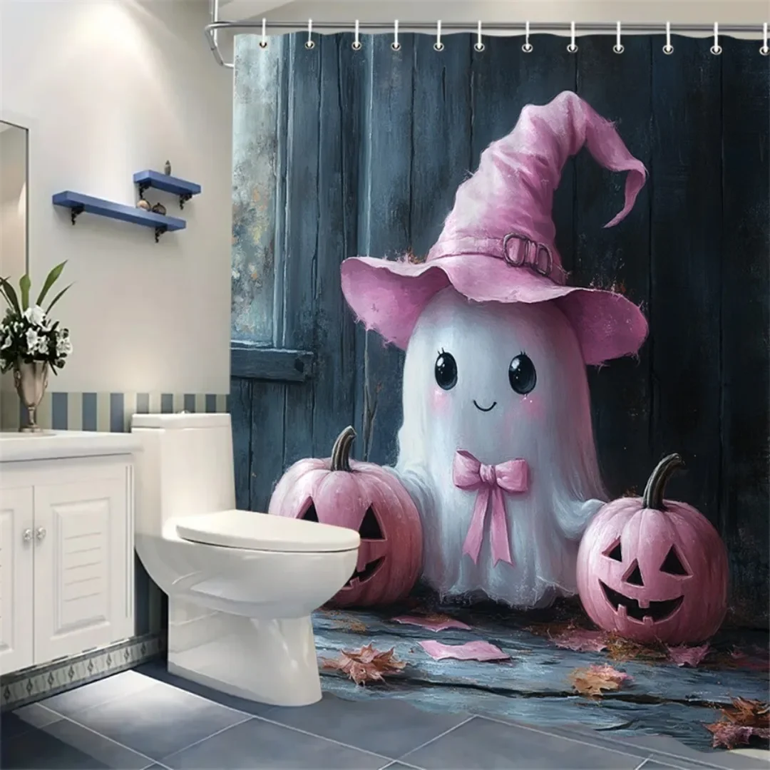 

1pc Pink Happy Halloween Shower Curtain Ghost Pumpkin Print Waterproof Polyester Bath Curtain for Halloween Bathroom Decoration