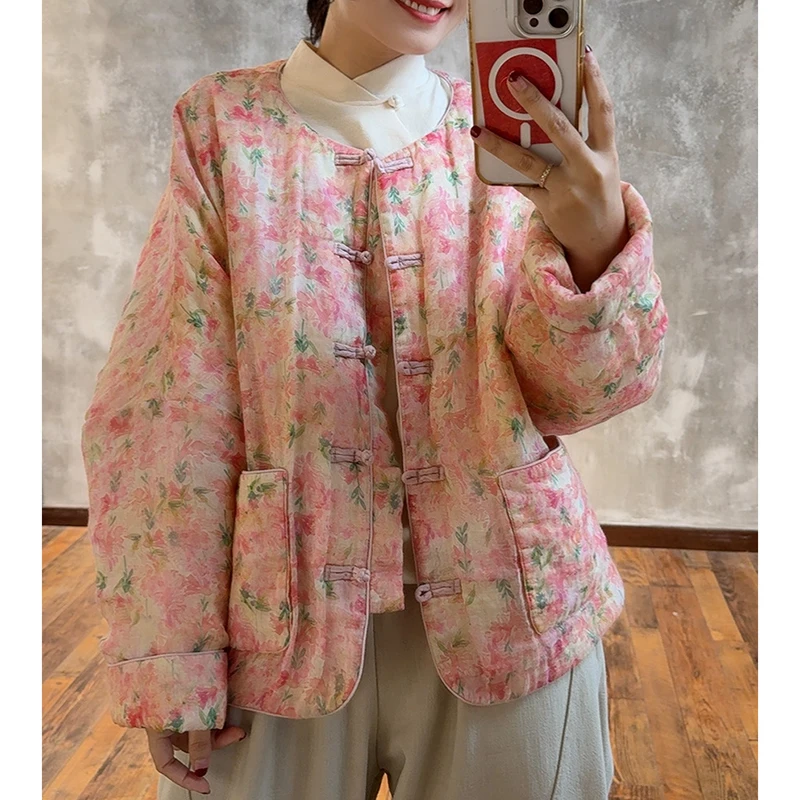 

Warmth Artistic Chinese Style Cotton Jacket with Button Print Design Ageless Versatile Winter Outerwear for Women