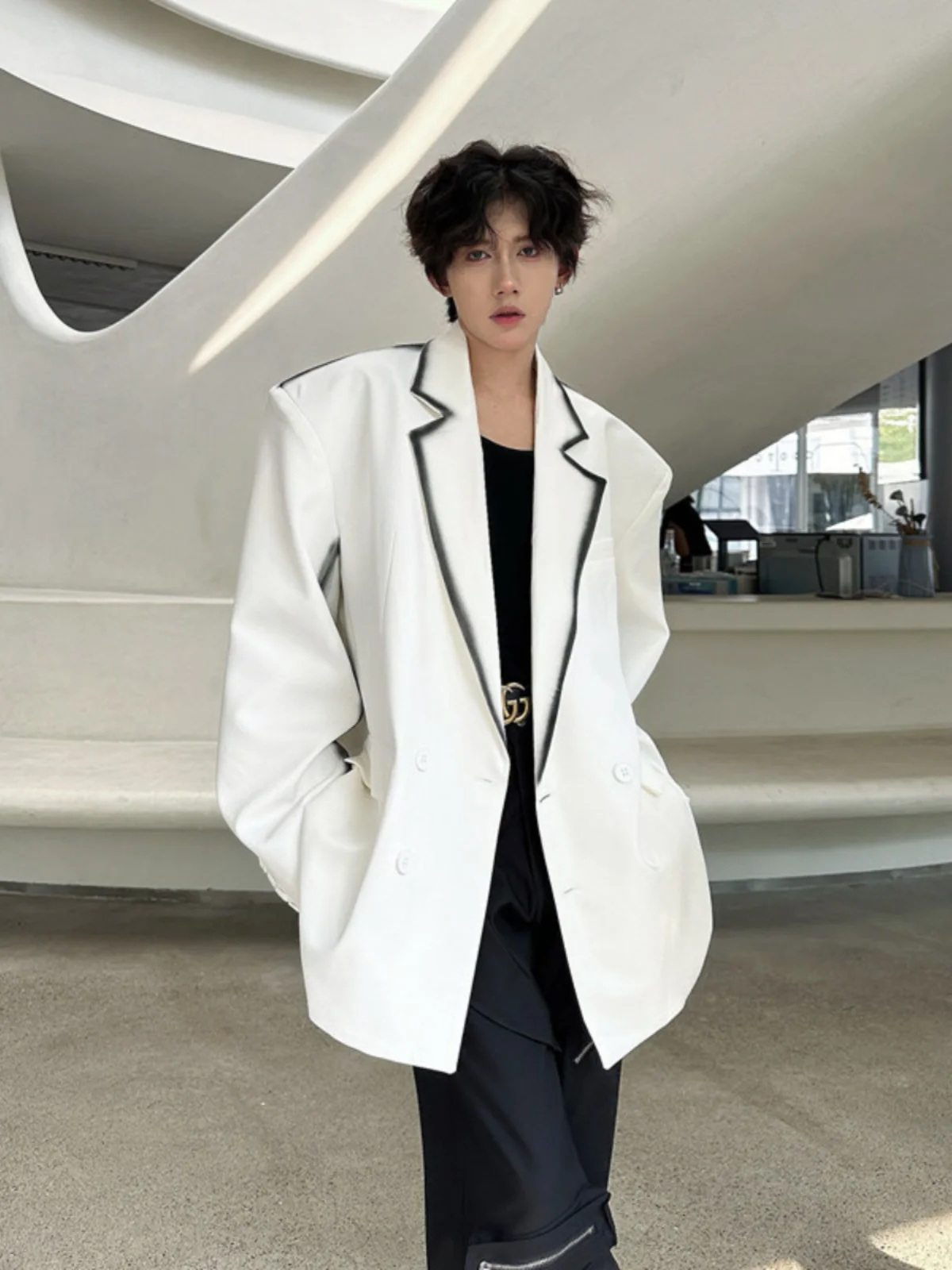 

Street Sle Men's Bla White Spray Ink Suit Jaet Cleanfit High End Feeling oulder Pad Western Suit Polyester Fiber Long...