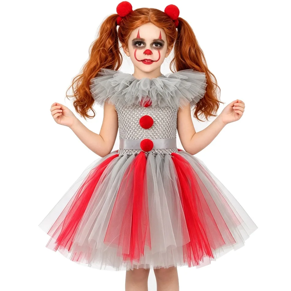 Kids Spooky Clown Style Tutu Dress Grey Red Contrast Tulle Skirt With Pom Poms Kids Halloween Carnival Party Fancy Dress ZZ12