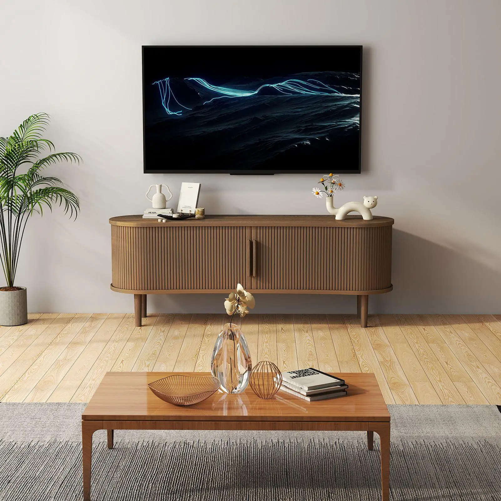 

TV Stand MDF Mid Century Modern Media Console Table Entertainment Center with Storage Handle Door for Living Room Office Walnut