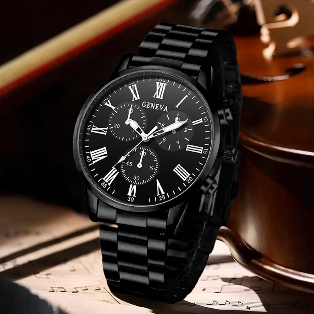 4PCS Black Men's Watch Set Business Trend Fashion Roman Digital Scale Dial Quartz Watch Bracelet Necklace Ring Set Perfect Gift