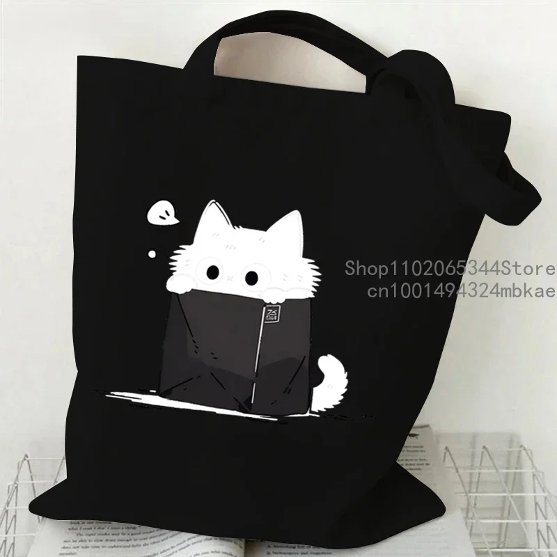 Kawaii Black Cat Graphic Handbags for Women Japanese Style Canvas Tote Bag Cartoon Fashion Shoulder Bag for Women Kitten Bag