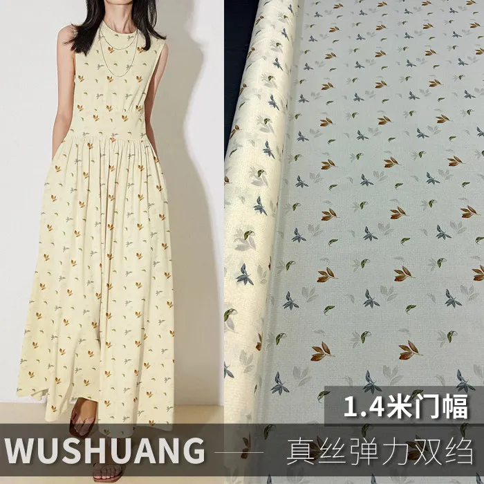 Beige Base Orchid Floral Print Silk Stretch Crepe De Chine Fabric Mulberry Silk Material For Dresses 140cm Wide Blouse