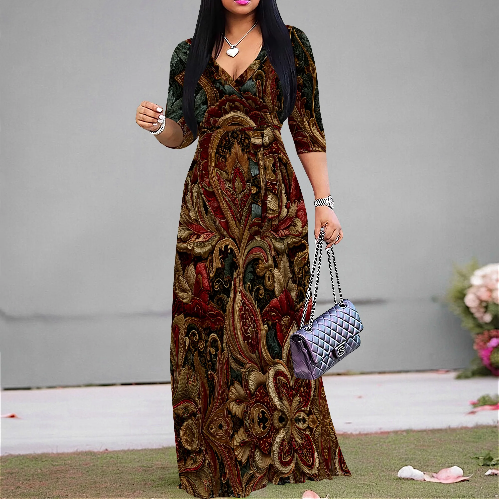 

Baroque Floral Wrap Maxi Dress S-3XL V-Neck 3/4 Sleeve Style with Belt for Holiday Dinner, Church Look or Cultural Event