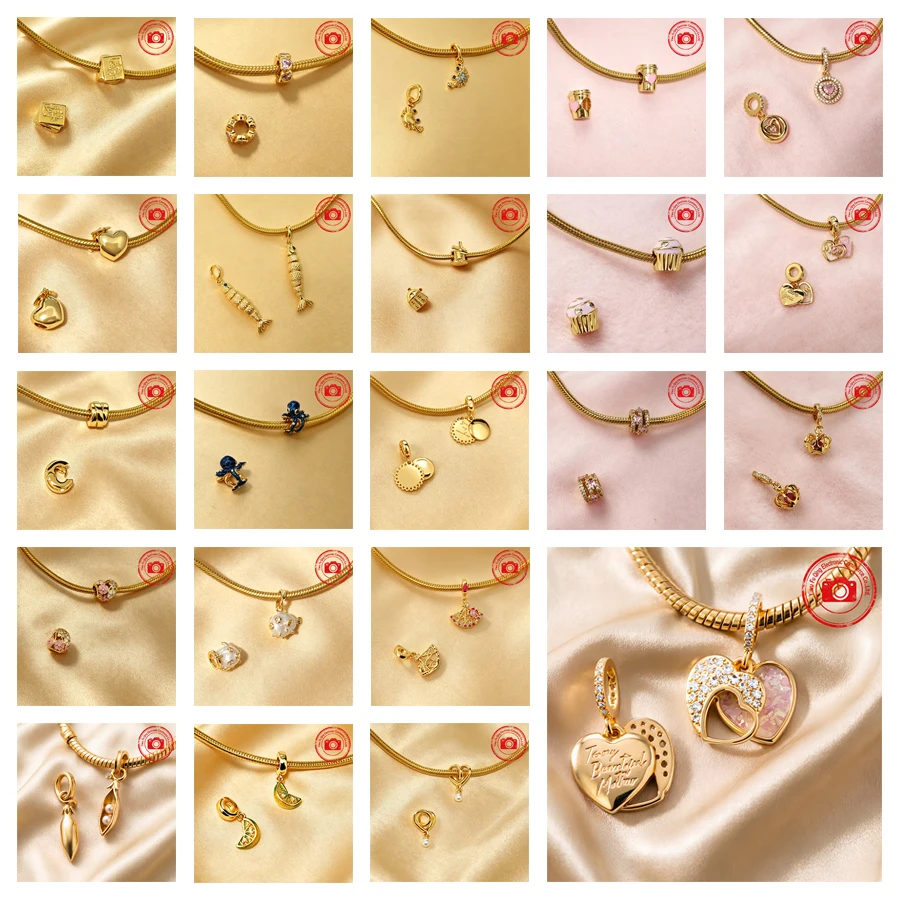 New Golden Charm DIY Women Jewelry Gift Starfish Lemon Sailboat Wrapped Heart Ice Cream Pink Cupcake Beads Fit Original Bracelet