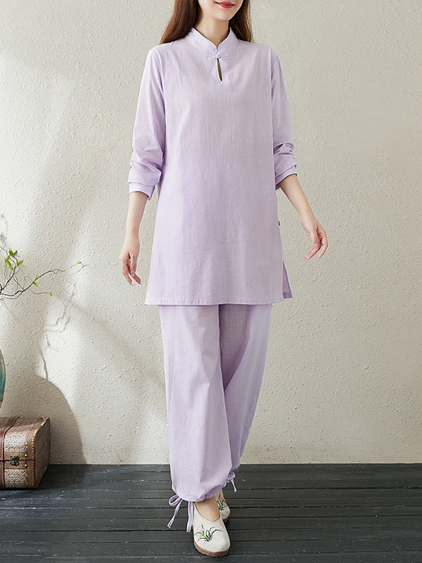 ชุดเซ็ตสองชิ้นผ้าฝ้ายลินินแท้ สไตล์เซน สีขาว เสื้อผ้าเซนสำหรับผู้หญิง สไตล์นางฟ้า บรรยากาศเซน สำหรับการเรียนหรือทำสมาธิแบบพุทธ