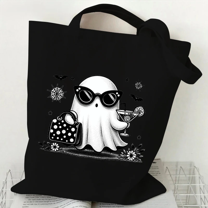 Women\'s Tote Bag Halloween Retro Ghost Coffee Pumpkin Print Canvas Cartoon Shopping Bags The Boo Horror Commuter Shoulder Bag