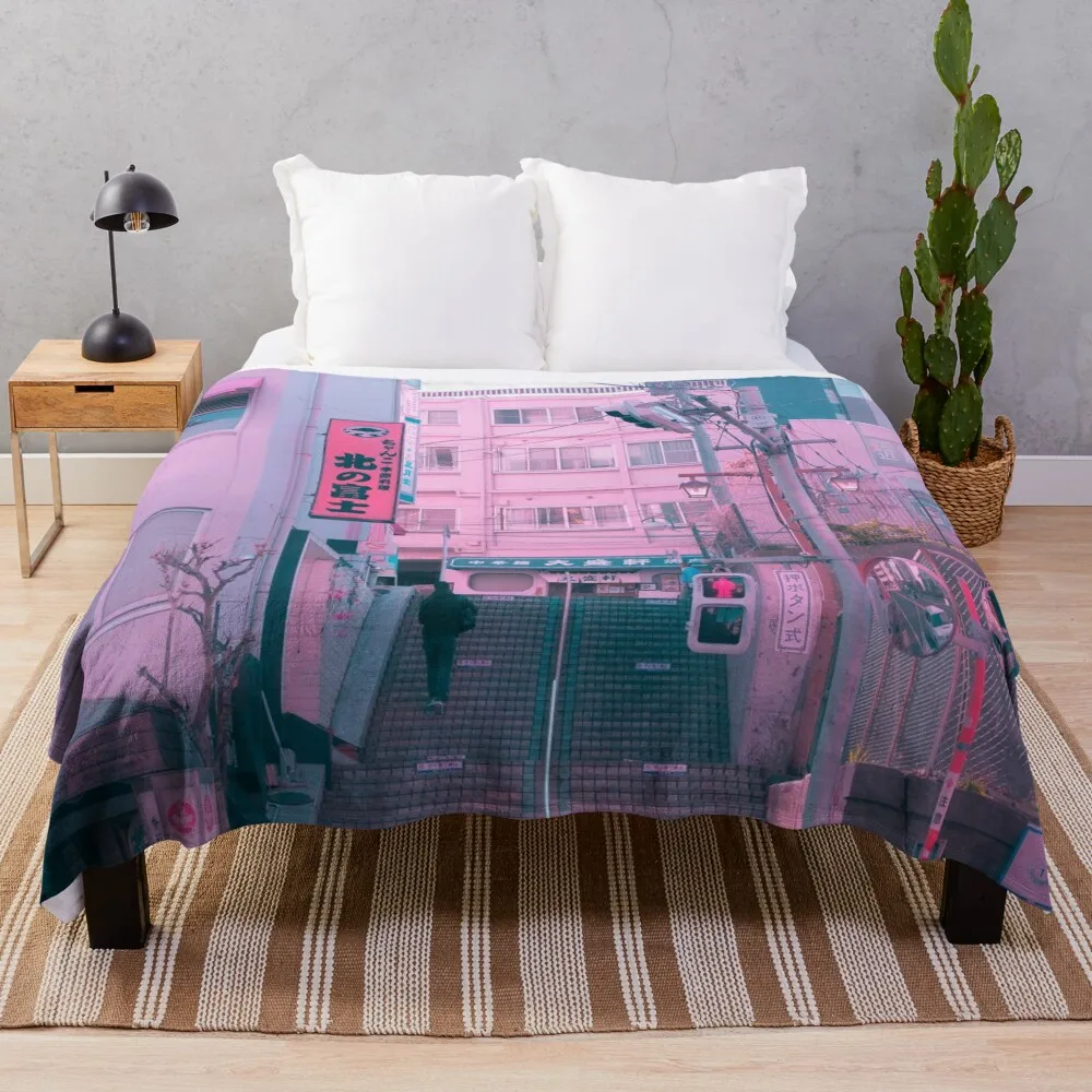 

Vaporwave Aesthetic Tokyo Pink Japan Citypop lofi moody vibe Throw Blanket bed plaid Flannel Soft Beds Blankets