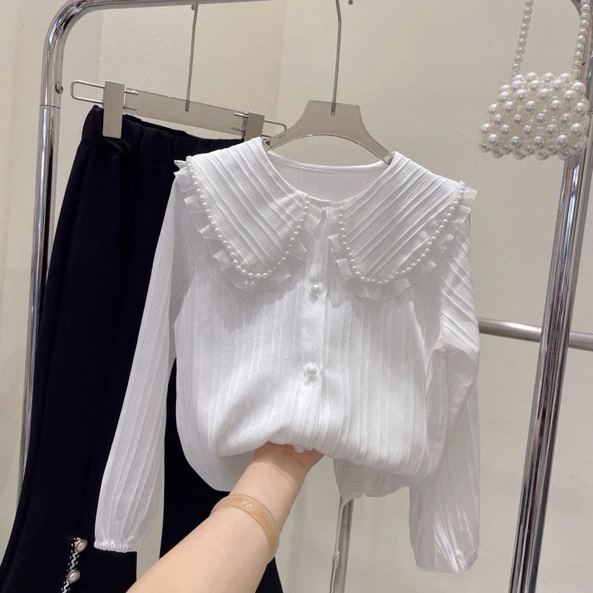 

Girls white blouse Autumn 2024 Foreign Style Pearl Collar Shirt