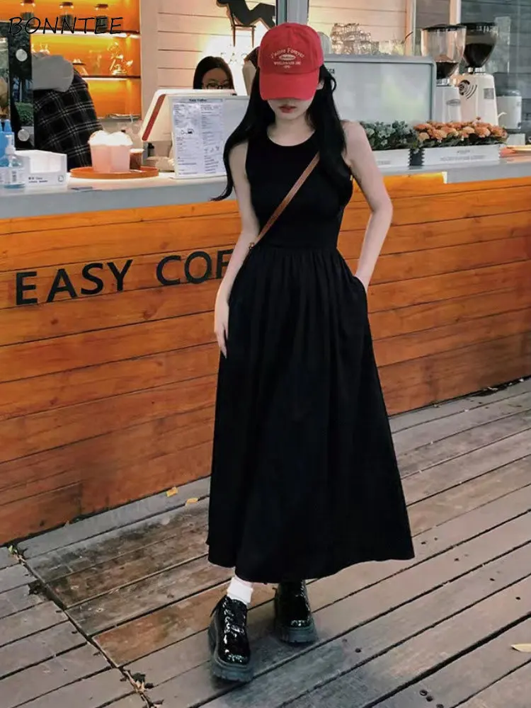 

Black Sleeveless Dresses Women Midi Temperament Pockets Fashion Bodycon Vintage Korean Style Casual Classic College Aesthetic