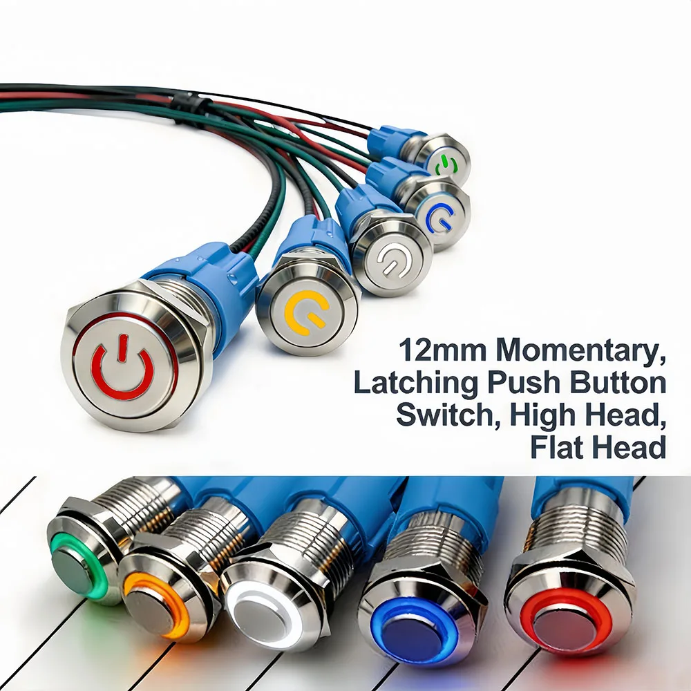 12mm Metal Press Switch Instantaneous/Button Type Flat Head High Waterproof LED Light Blue Green Red Yellow White 5V 12V 24V 220