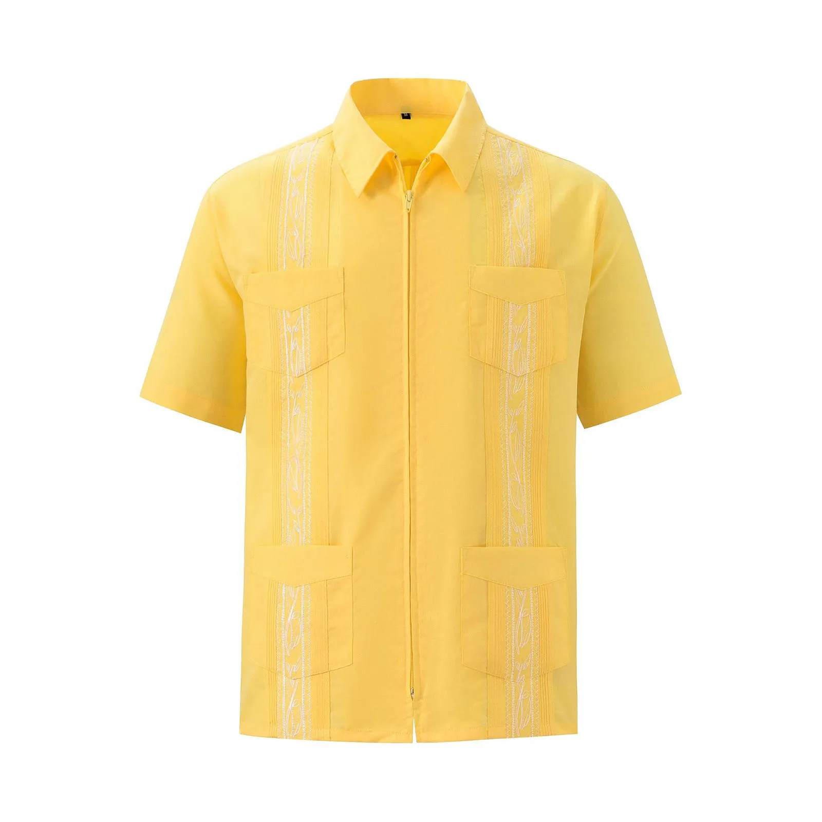 Men\'s Embroidery Shirt Full Zipper Short Sleeve Turn Down Collar Guayabera Shirts With Pockets Summer Vintage Mexican Shirt Tops