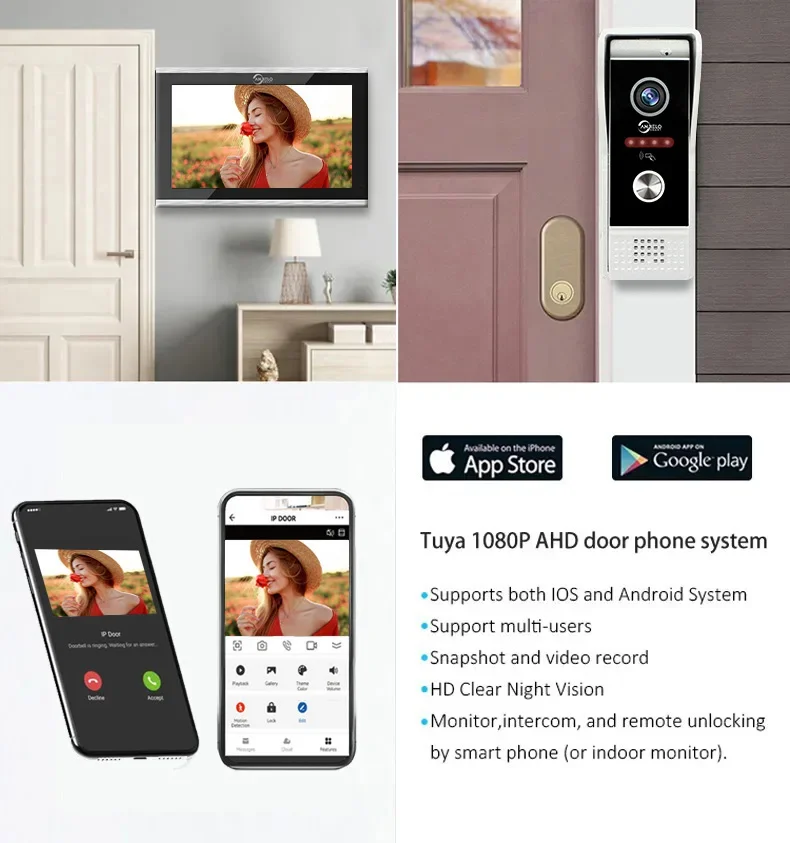 1080P Wifi Video Türklingel Intercom Tuya Smart Home Türsprechanlage RFID Access Control System für Villa Wohnung 3 Zimmer
