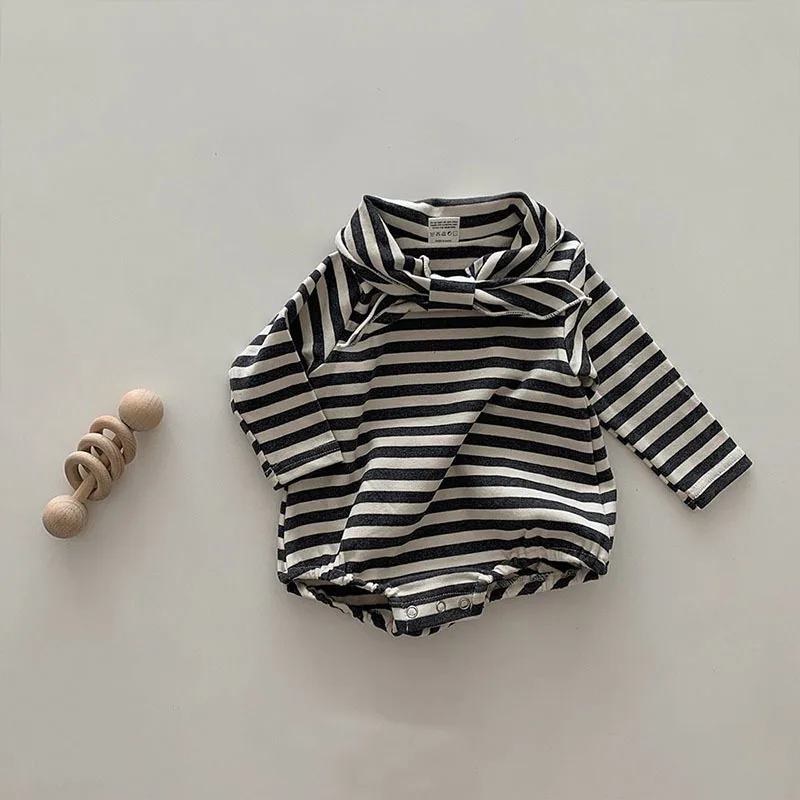 0-2y Newborn Baby Fashion Striped Bodysuit Toddler Girls Sweet Butterfly Collar Jumpsuit Kids Boys Simple Cotton One Piece Suit