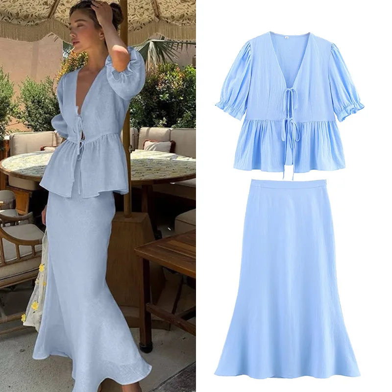 

TRAF Women High Waist Skirts Set Puff Sleeve V Neck Lace Up Shirt Summer Long Skirt Female Suit Two Piece Set Women Outfit