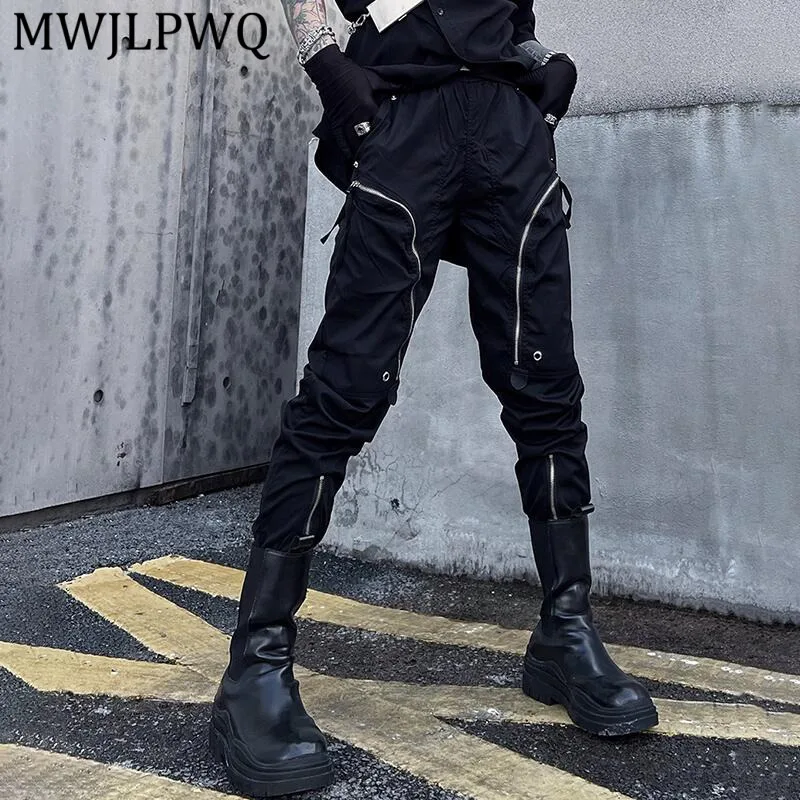 MWJLPWQ Heavy-Duty Design Multi-Pocket Slim-Fit Cargo Trousers Men Dark Style High Street Functional Zipper Casual Pants 16654