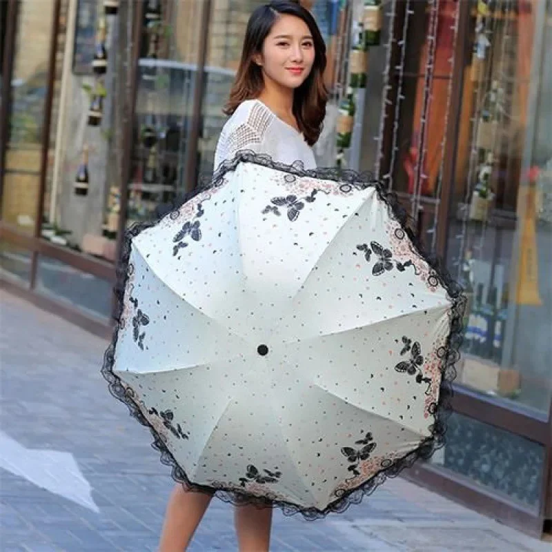 Butterfly Lace Printed 3 Fold Umbrella Wind & Sun Resistant Black Rubber Handle Rain & Sun Dual Use