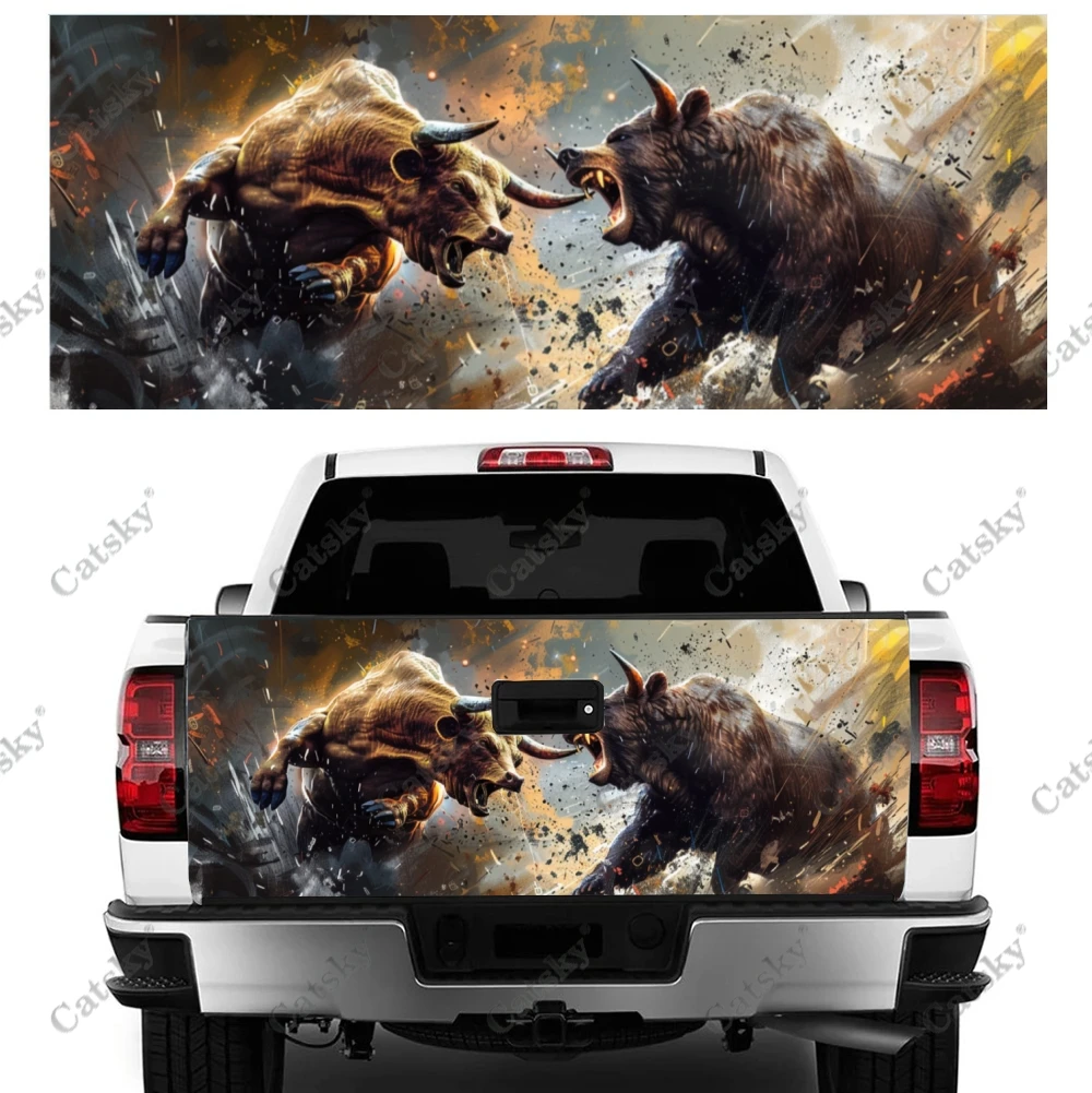 Bear and Bull Fighting Truck Tailgate Wrap Professional Grade Material Universal Fit for Full Size Trucks Weatherproof