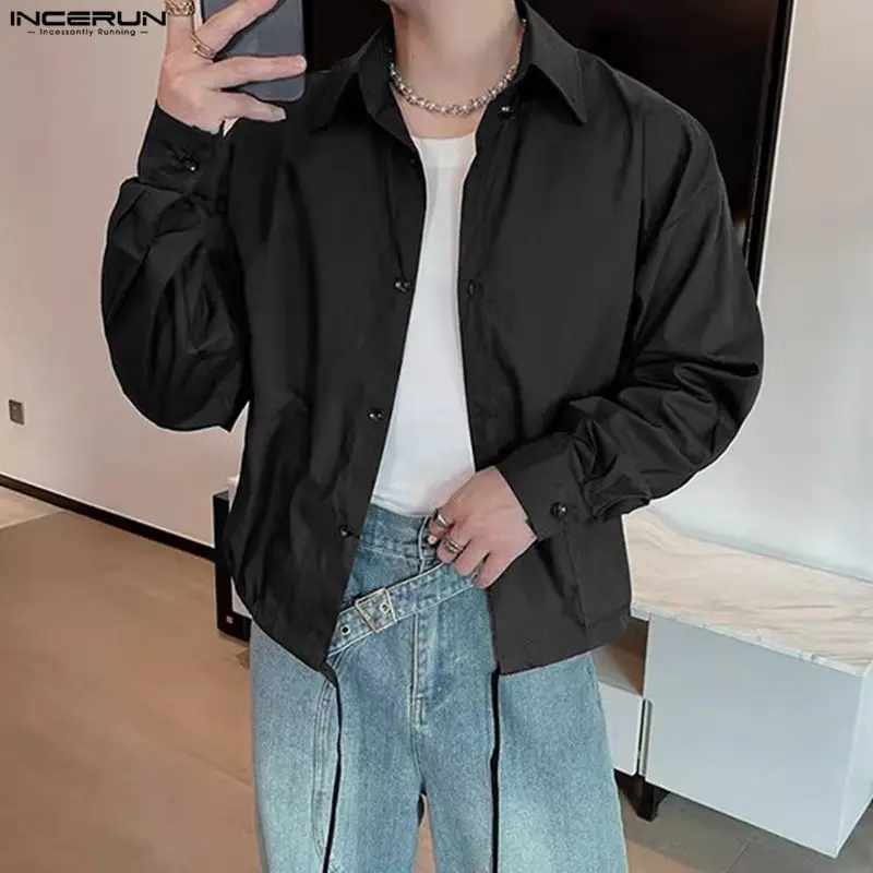 

INCERUN Мужская рубашка сплошной цвет с лацканами и длинным рукавом Свободная повседневная мужская одежда Уличная одежда в корейском стиле Модные топы Мужские рубашки S-5XL