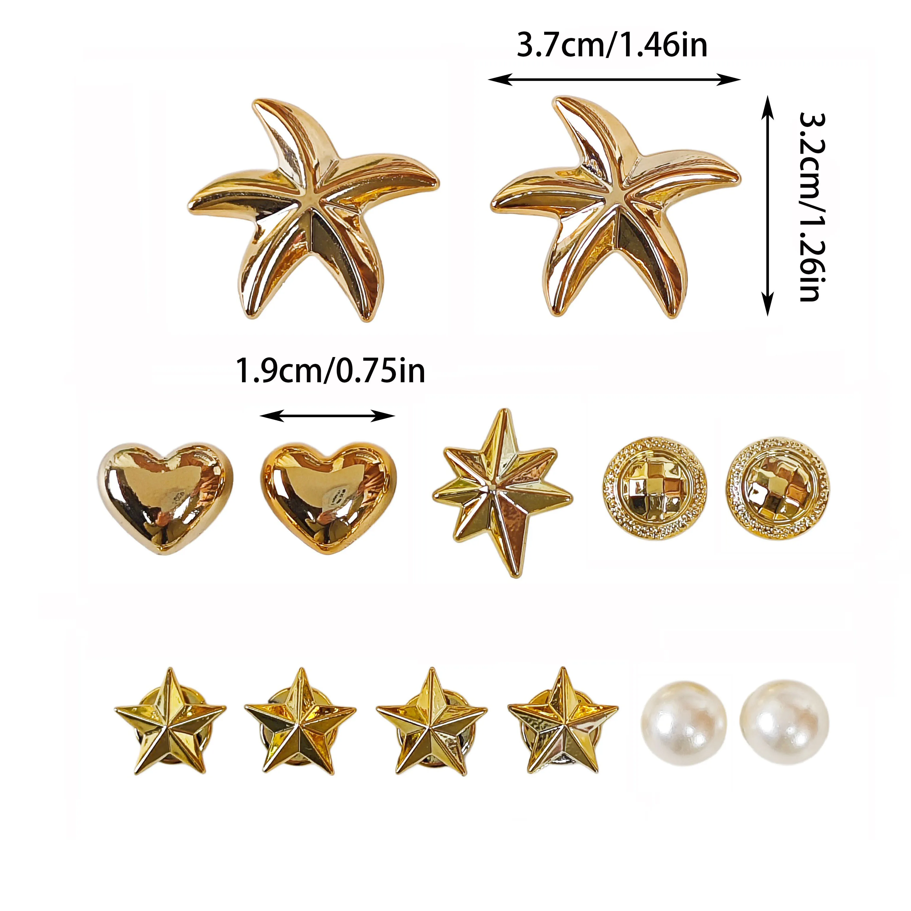 13Pcs DIY Shoe Decoration Charms Shiny Gold Stars, Hearts, Imitation Pearl Decorative Buckles, Non-Metal Lightweight Material, Y2K Fashion Versatile Cute Personality Accessories for Men and Women, Suitable for Eva Beach Shoes, Sandals, Removable Shoe Decoration, Holiday Gift