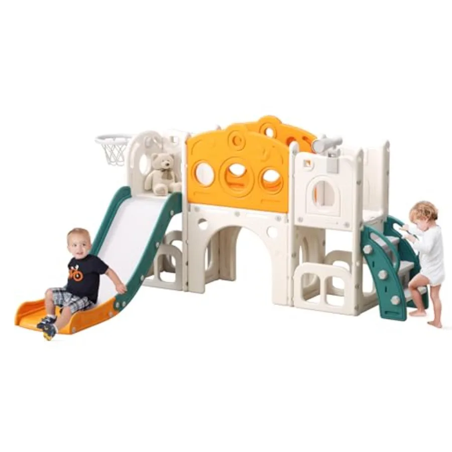 

8 in 1 Toddler Slide Outdoor Indoor Playset for Age 1-3 Yellow Green Climber with Storage Non-Slip Steps Basketball Hoop Telesc