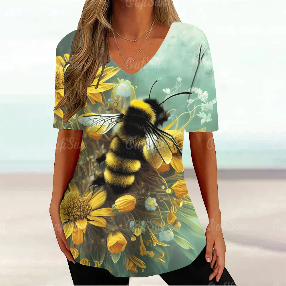 Women\'s T-Shirt 3d Print Bee Floral Graphic Shirts Top Fashion Casual V-Neck Female Tees Popular Loose Street Woman Clothing