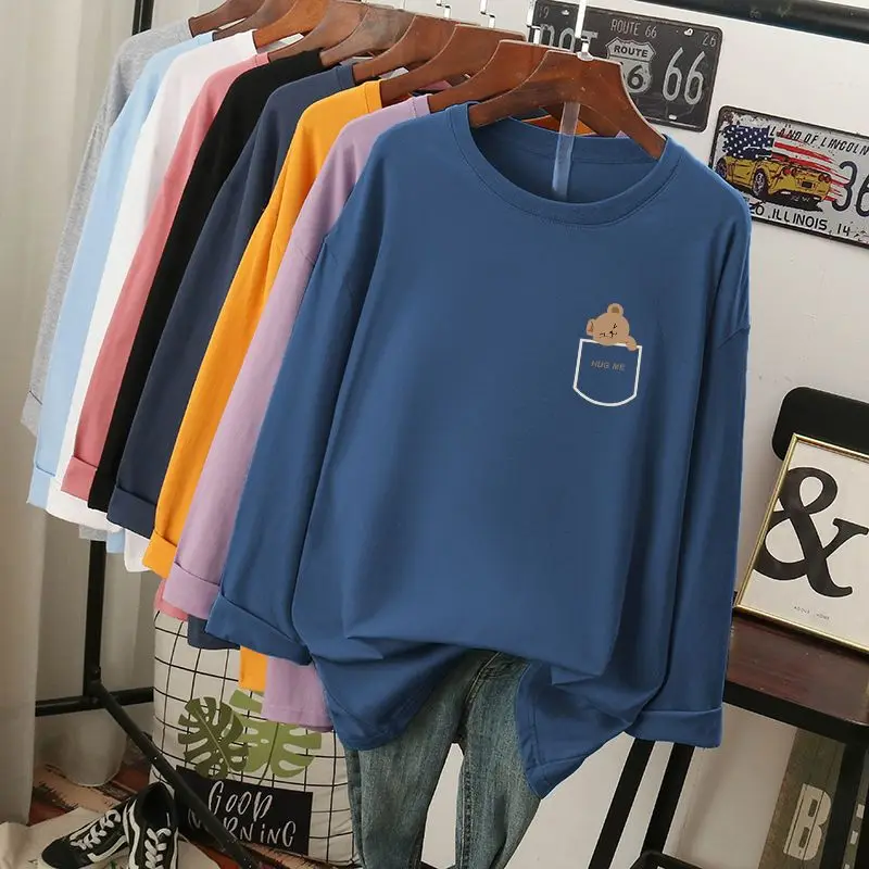 Plus Size 4XL 130kg Autumn Women\'s Cotton T-shirts Harajuku Tops Cartoon O Neck Long Sleeve Loose Kawaii Oversized Tshirt