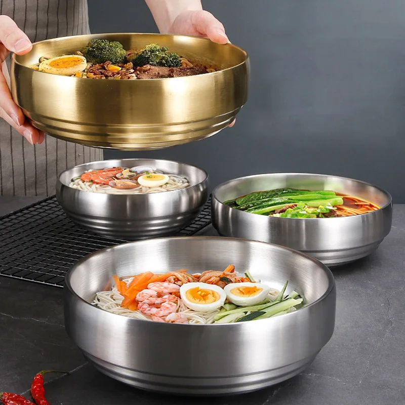 304 Stainless Steel Double Layer Cold Noodle Bowl Gold Silver Korean Style Anti-scald Large Salad Soup Bowls Kitchen Utensils