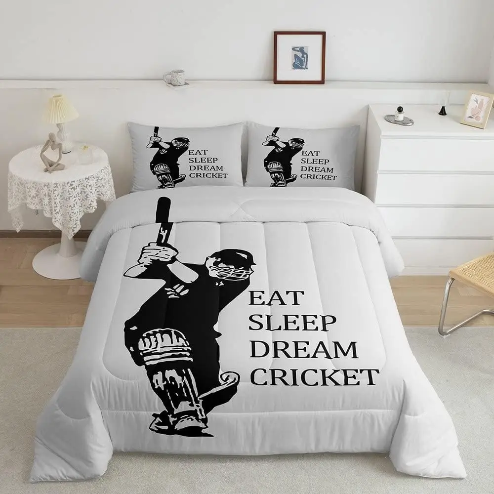 

Cricket Sports Game Duvet Cover Set Boys Girls Eat Sleep Cricket Gaming Pattern Bedding Set Gift-Cricket Lover Grey Room Decor