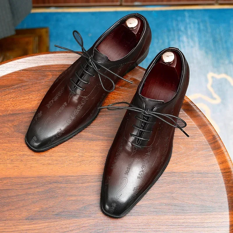 Handmade Mens Wedding Oxford Shoes Brown Genuine Leather Brogue Men's Dress Shoes Lace Up Business Formal Shoes For Men