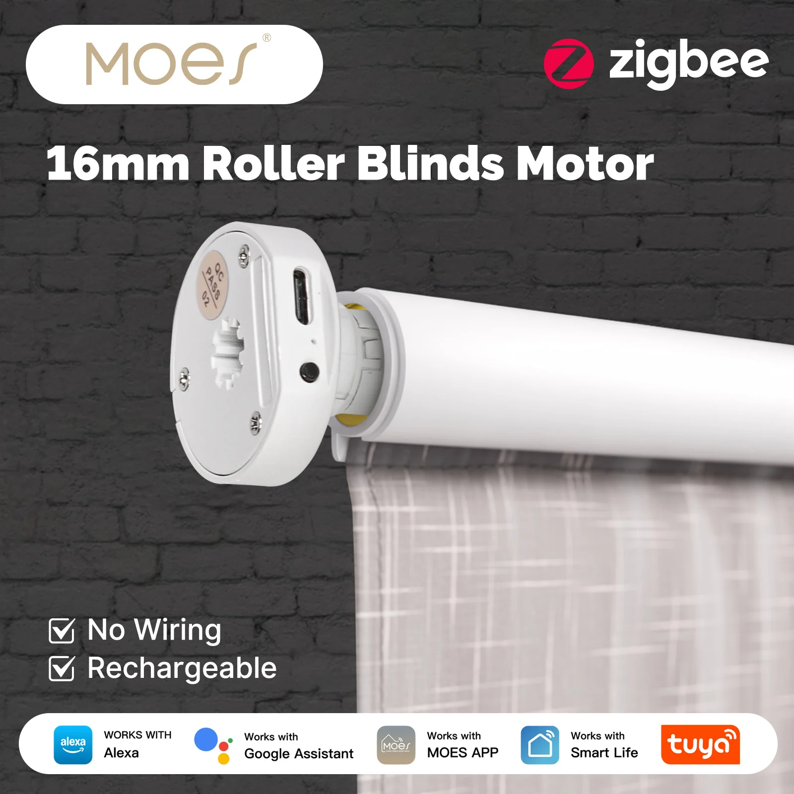 MOES Tuya Zigbee Smart Roller Blinds Motor 16mm Chargeable Window Shades Curtain For 17/25/28mm Tube Work with Alexa Google Home
