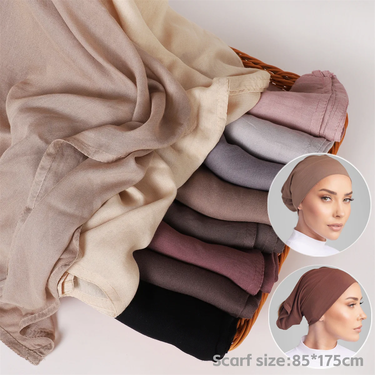 

2PCS Rayon Muslim Hijab Underscarf Tube Turban Women Islam Headscarf Shawl Wrap Beanie Bonnet Matching Cap Hat Handband 85*175CM