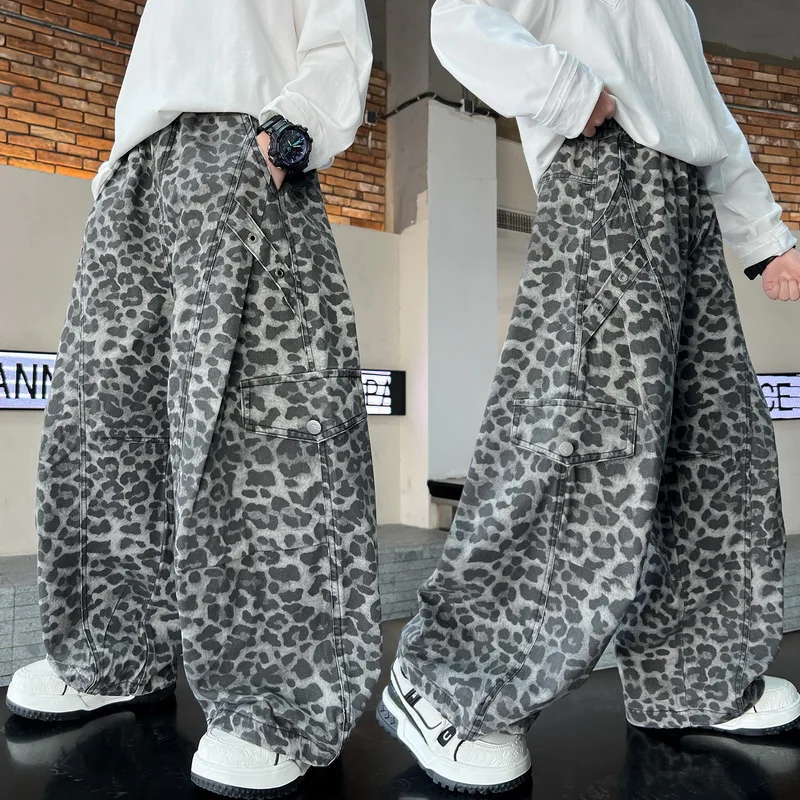 Neue Herbst Kinder-Cargohose mit Leopardenmuster Coole Teenager-Jungen Loose Hip-Hop Streetwear Lässige Weite Hose Kinder-Jogginghose