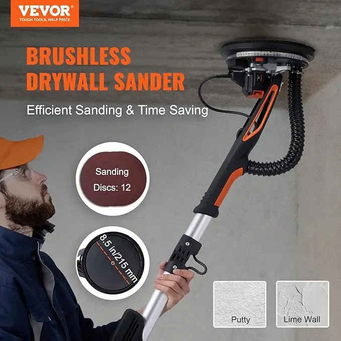 800W Brushless Motor Electric Sander, Variable Speed 1000-2300 RPM, Foldable Ceiling Sander