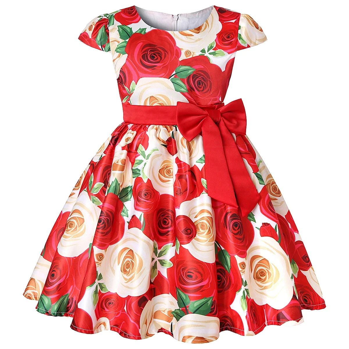 Niedliches Mädchenkleid mit Blumen- und Schleifendruck. Geburtstags- und Festtags-Kinderkostüm. Lässiges Prinzessinnen-Partykleid.