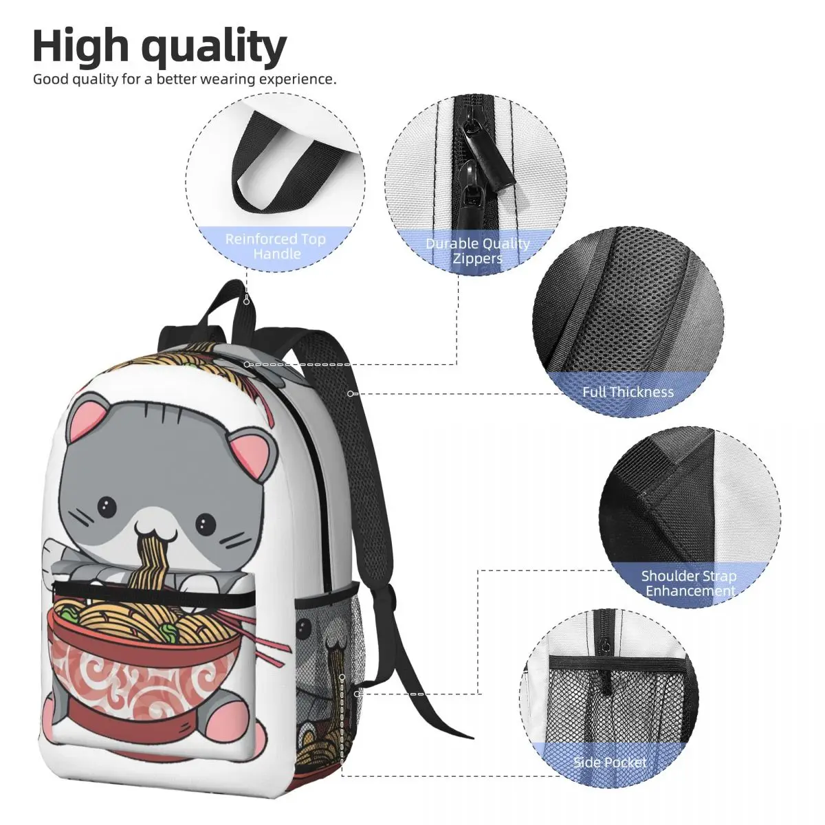 Kawaii Ramen Cat Backpack Boys Girls BookBag Kids School Bag Computer Shoulder Bags for Men Women