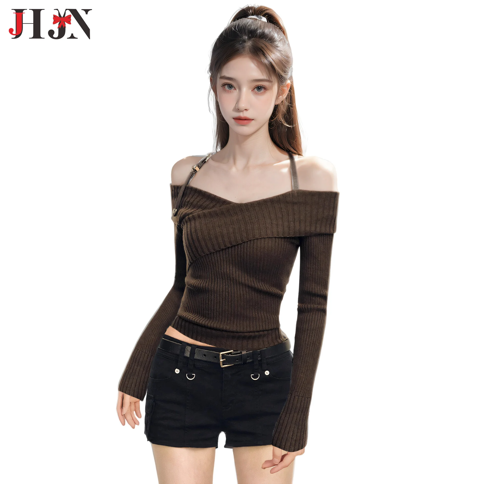 

JHJN BROWN Off Shoulder Halter Long Sleeved Knitted Sweater For Women Cultivate One's Moral Character Sweater Short Top