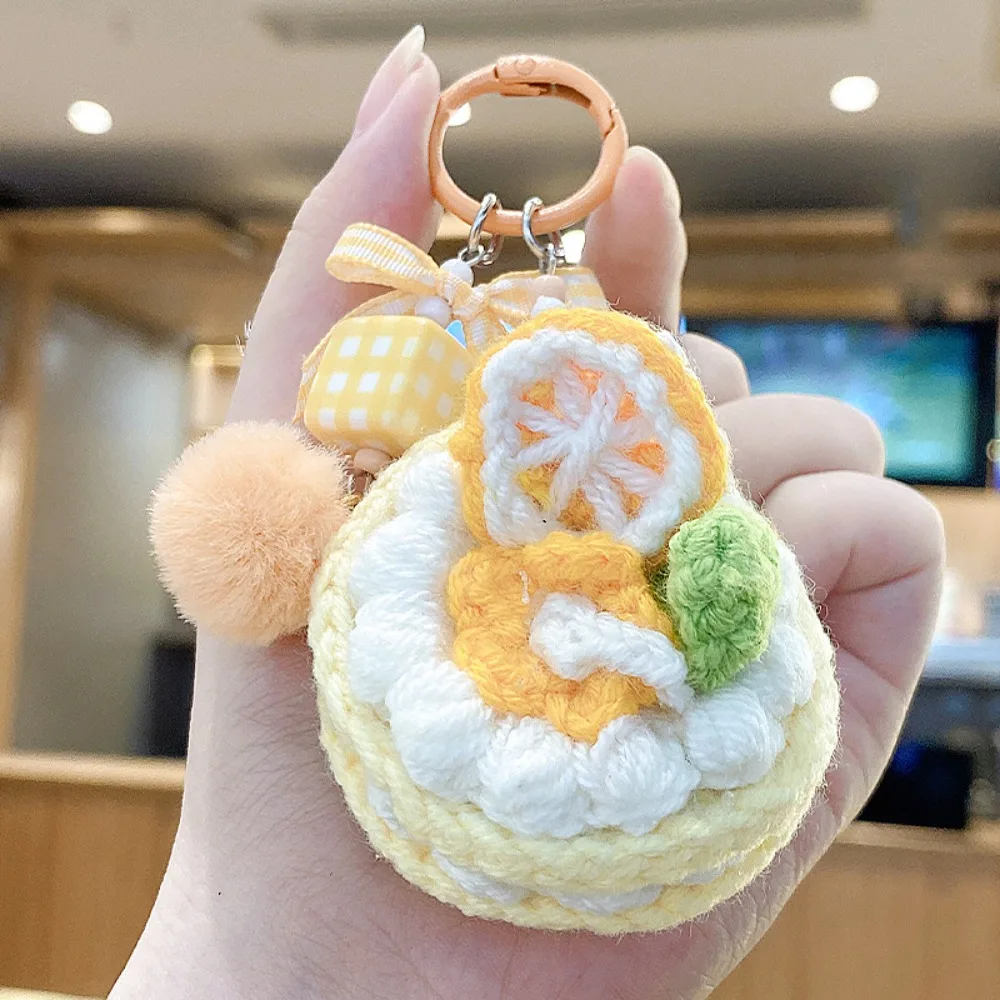 Realistic Crochet Fruit Cake Keychain Kawaii Cartoon Knitted Keyring Handmade Multi-color Mini Bag Charm Backpack Decor