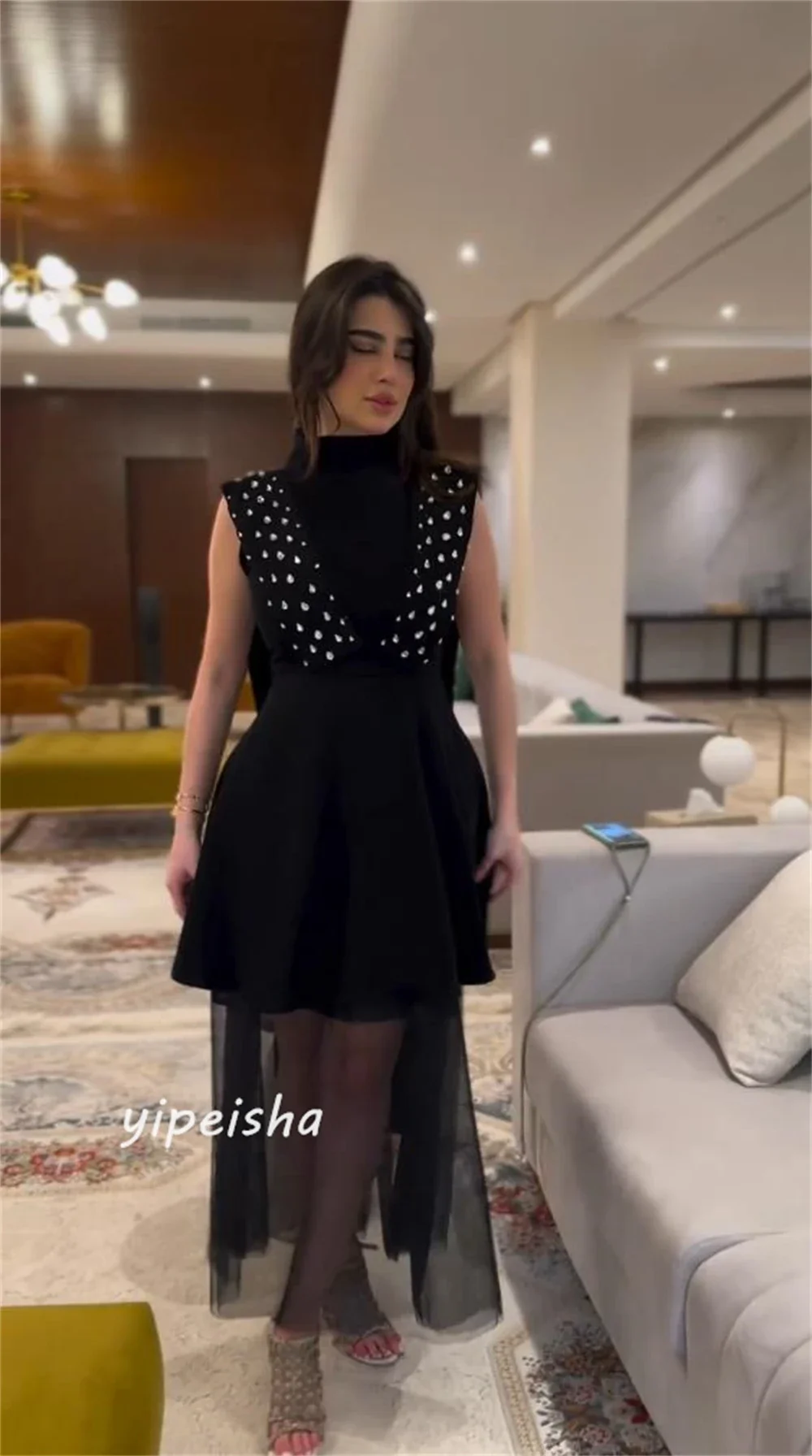 Customized Homecoming Jersey Sequined Ruched A-line High Collar Bespoke Occasion Gown Midi Dress Evening Saudi Arabia for Women